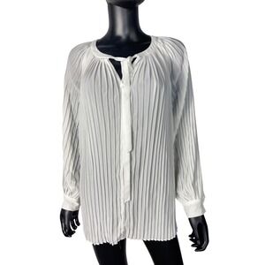 Midnight Velvet Ivory Pleated Tie Neck Long Sleeve Blouse Top Small